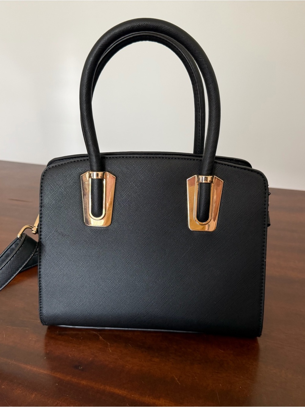 Classic Black Structured Satchel Handbag - Gold Hardware